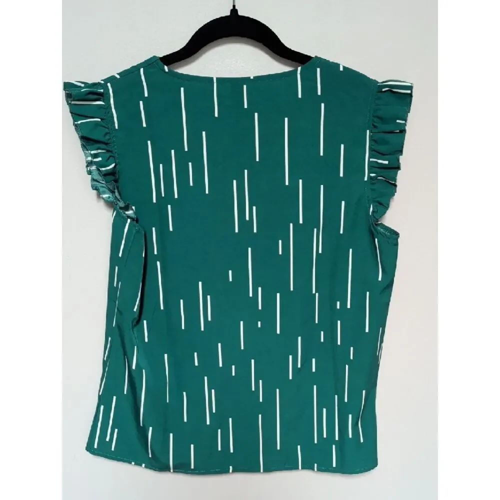 Women’s Teal Green V-Neck Ruffle Sleeve Blouse